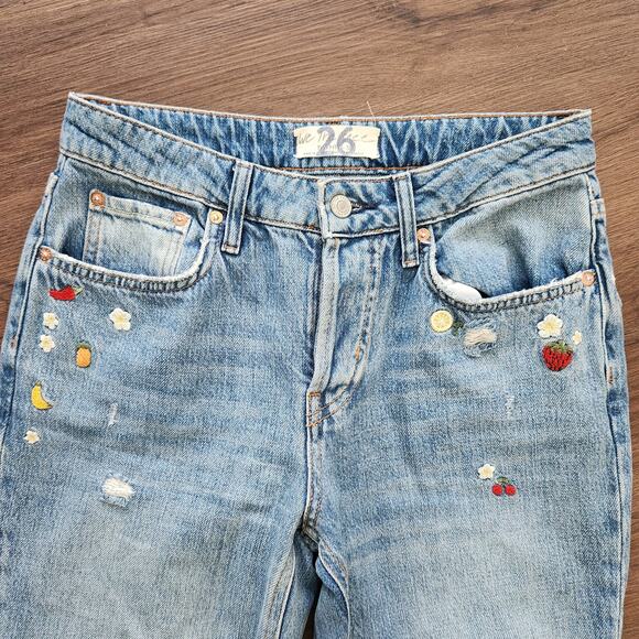 Free People We The Free Embroidered Distressed Jeans 26‎ Blue Straight Leg Retro - Picture 3 of 10